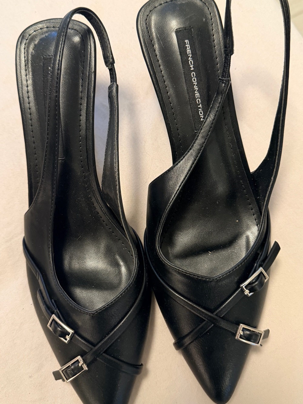 French Connection Black Pointed Slingback Heels with Buckle Straps